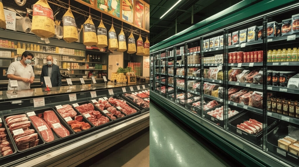 A comparison of butcher meat vs packaged meat, showing a butcher serving a customer and a hand selecting meat in a supermarket.