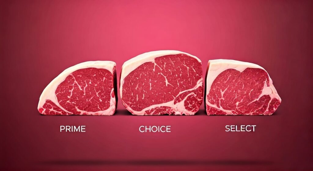 A side-by-side comparison of USDA Prime, Choice, and Select beef steaks, showing the difference in marbling.